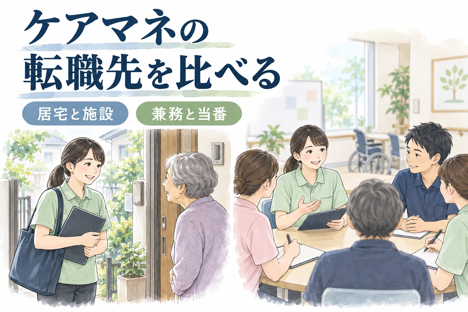 ケアマネ 転職：ケアマネの転職先を比べるの文字と仕事内容を描くイラスト