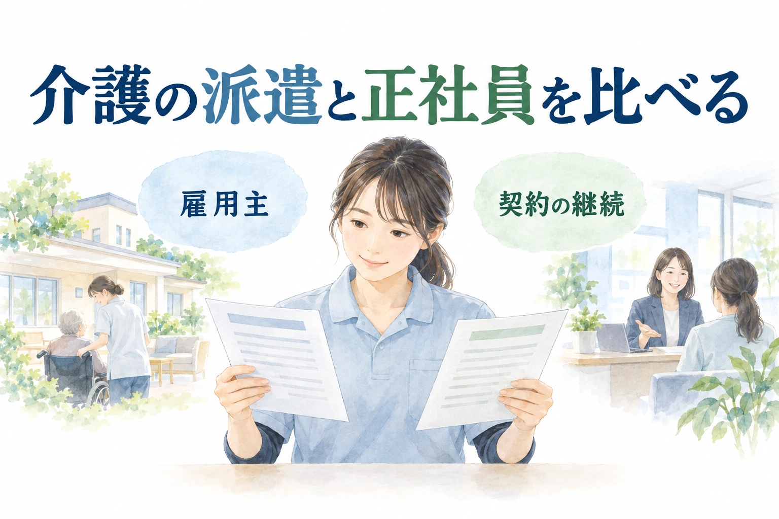 介護 派遣 正社員 違い：雇用主と契約の継続を確認する介護職のイラスト