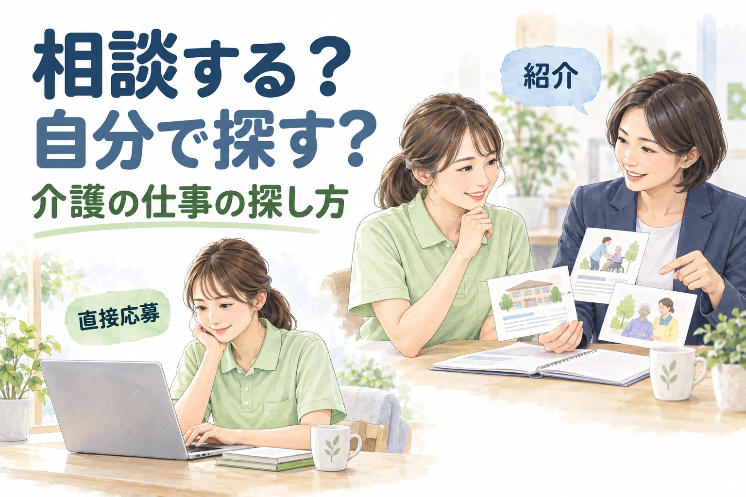 介護転職サイトの紹介と直接応募を比較する場面と「相談する？自分で探す？」の文字入り画像