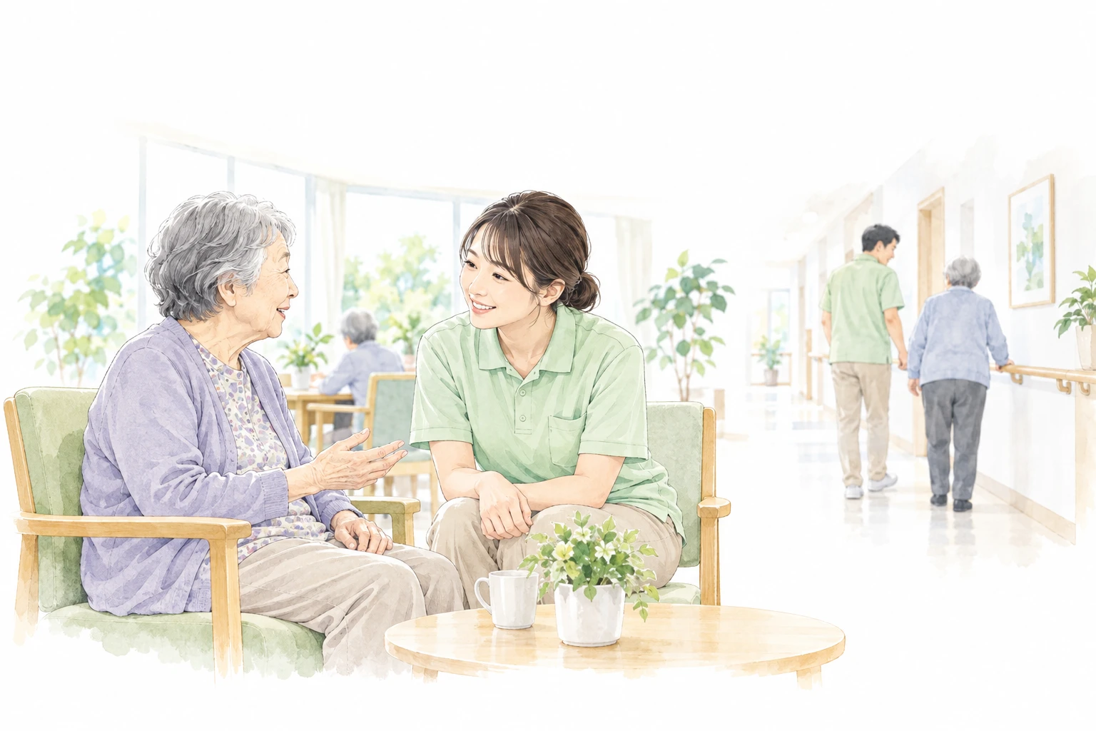 介護施設で高齢者の話を同じ目線で聞く介護職員
