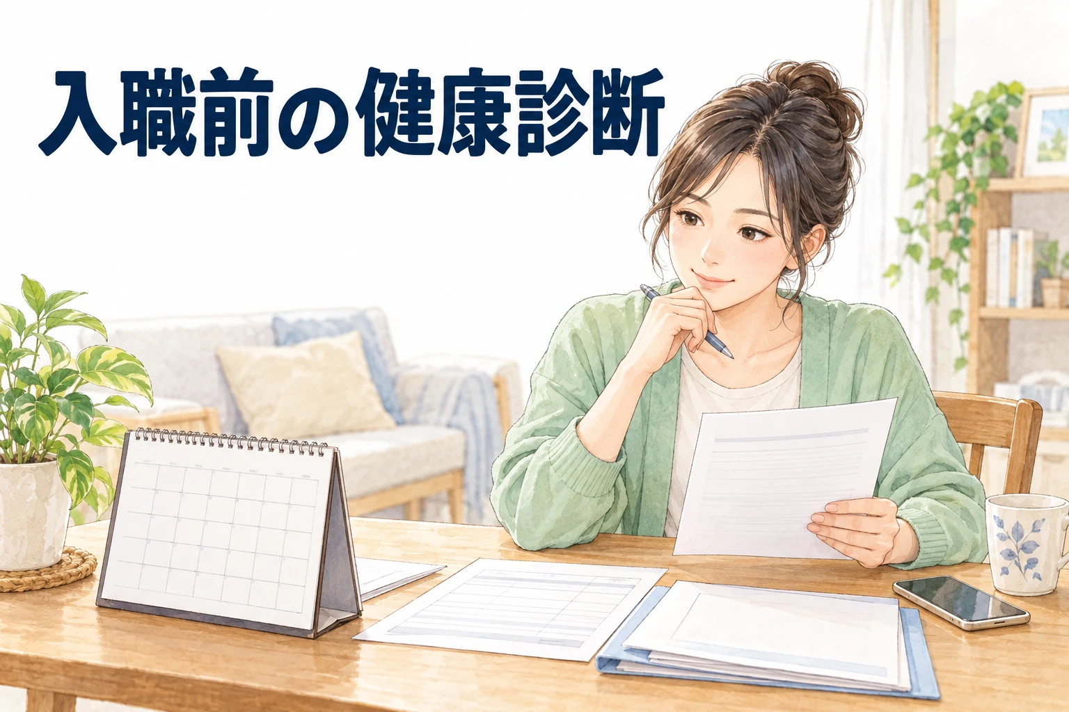 介護の転職と健康診断:入職前に受診の予定と書類を確認する女性。「入職前の健康診断」の文字を添えたイラスト