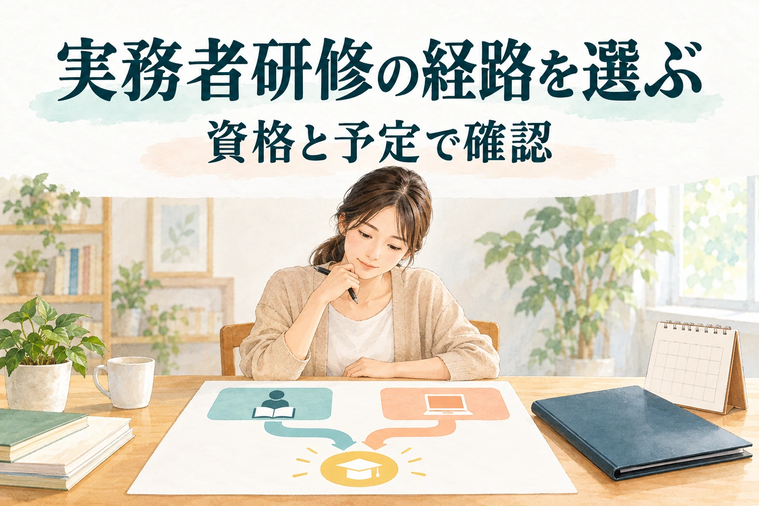 介護転職で実務者研修の経路を選ぶ文字と、二つの学習経路、書類、予定表を比べる成人のイラスト。