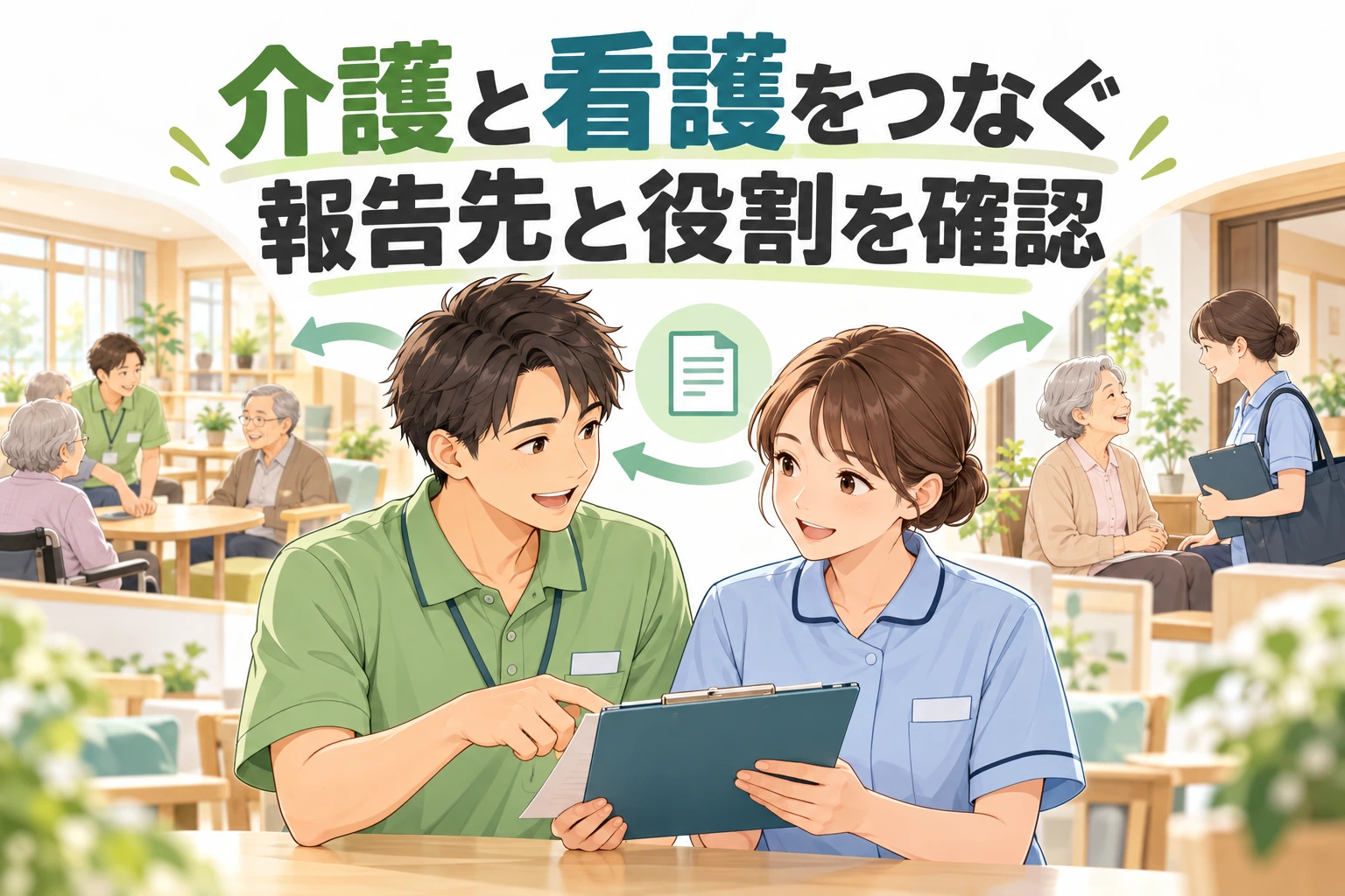 介護の看護小規模多機能への転職で、介護職と看護職が記録を見ながら報告先と役割を確認する場面。