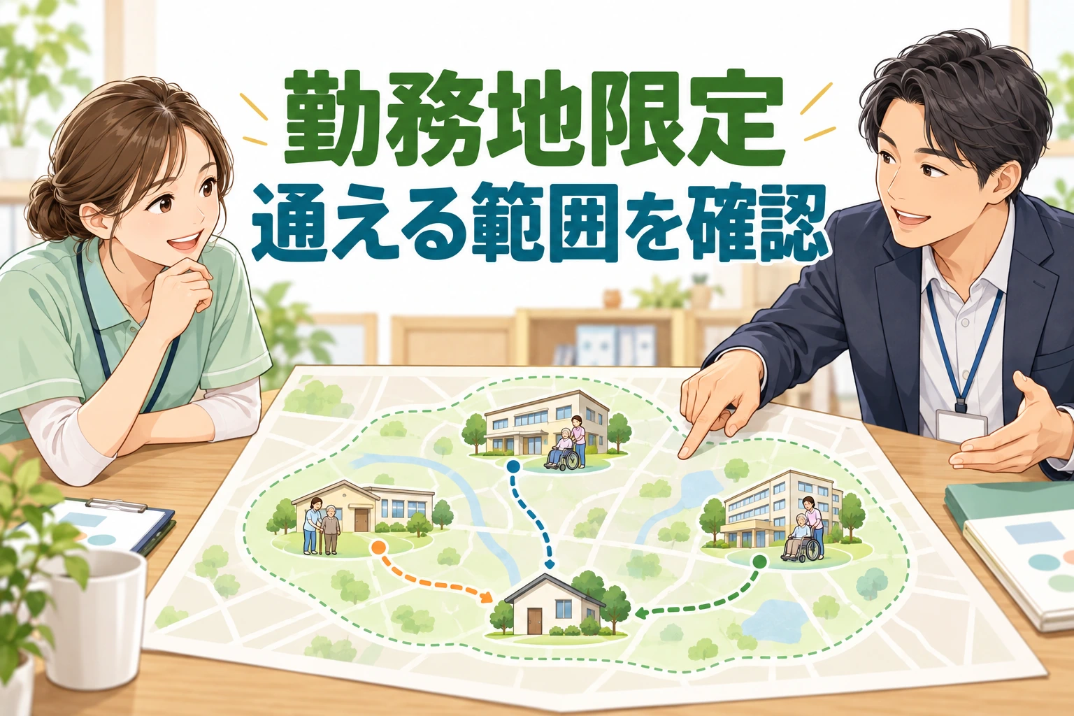 介護の勤務地限定への転職で、介護職と人事担当が匿名の拠点図で通える範囲と複数施設への経路を確認する場面。