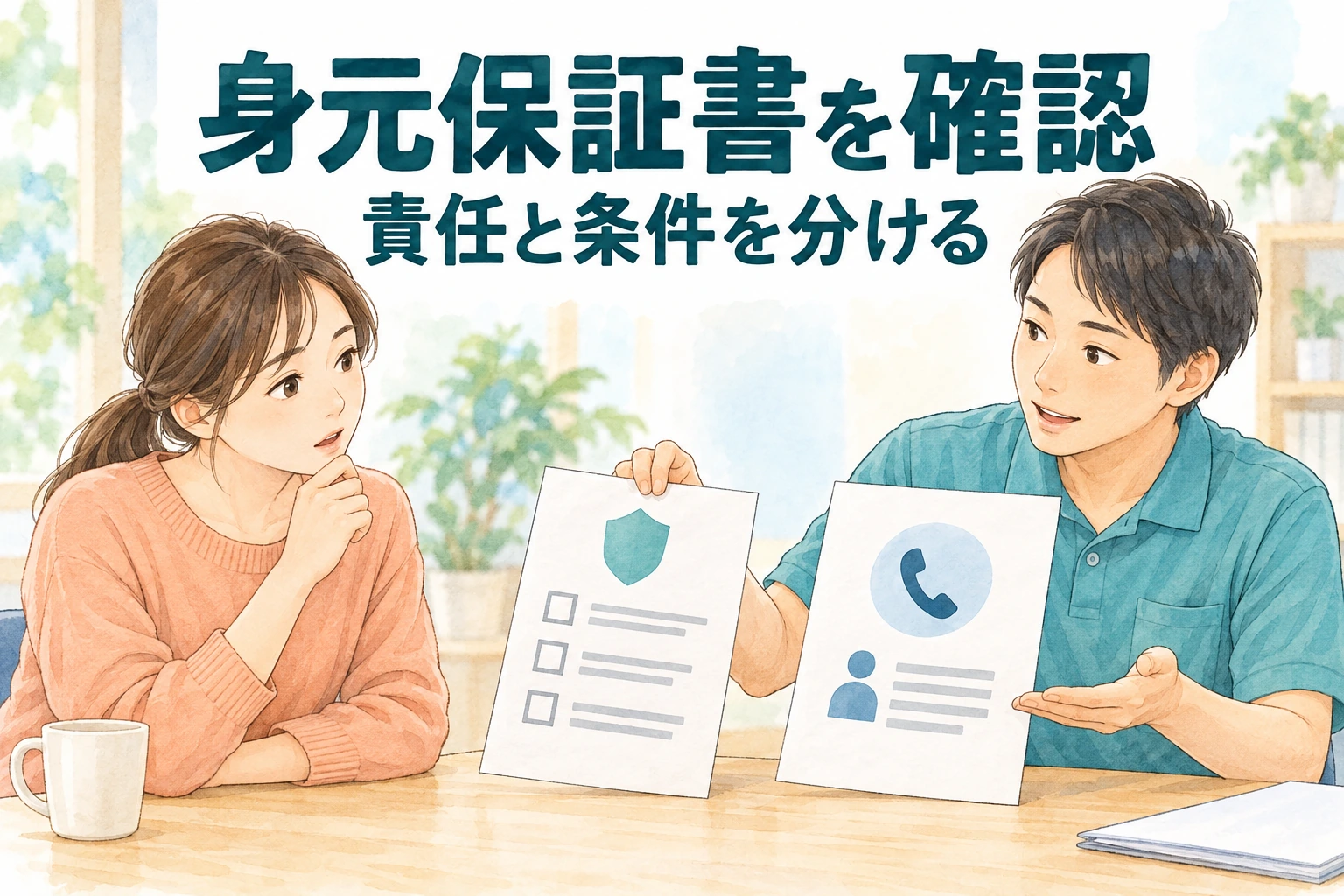 介護就職で身元保証人がいないときに、責任と条件を分ける文字と保証・連絡先の書類を採用担当へ確認する人のイラスト。
