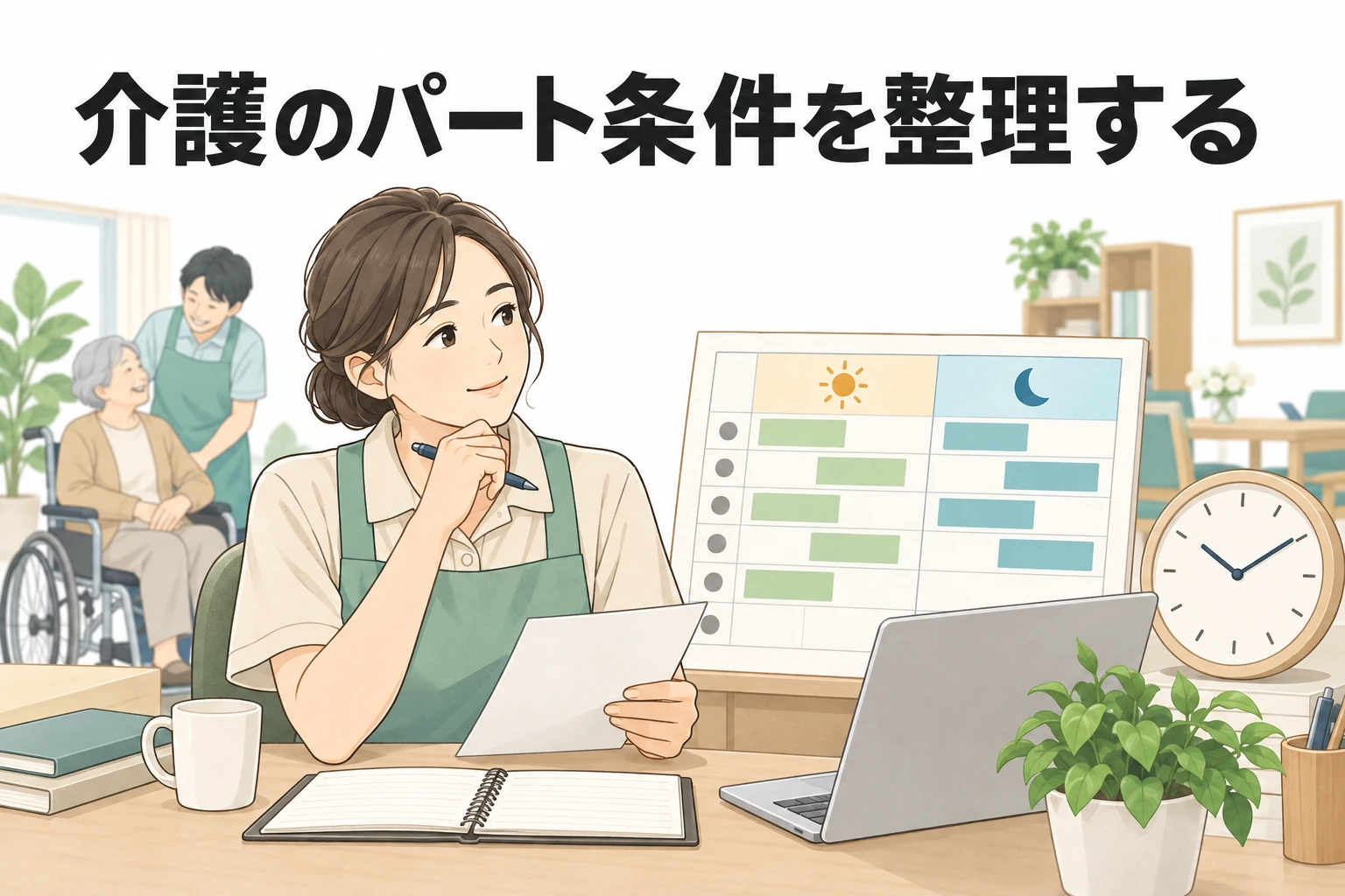 介護 パート 転職：「介護のパート条件を整理する」の文字と、勤務時間の表と時計の前で書類を見る介護職員のイラスト