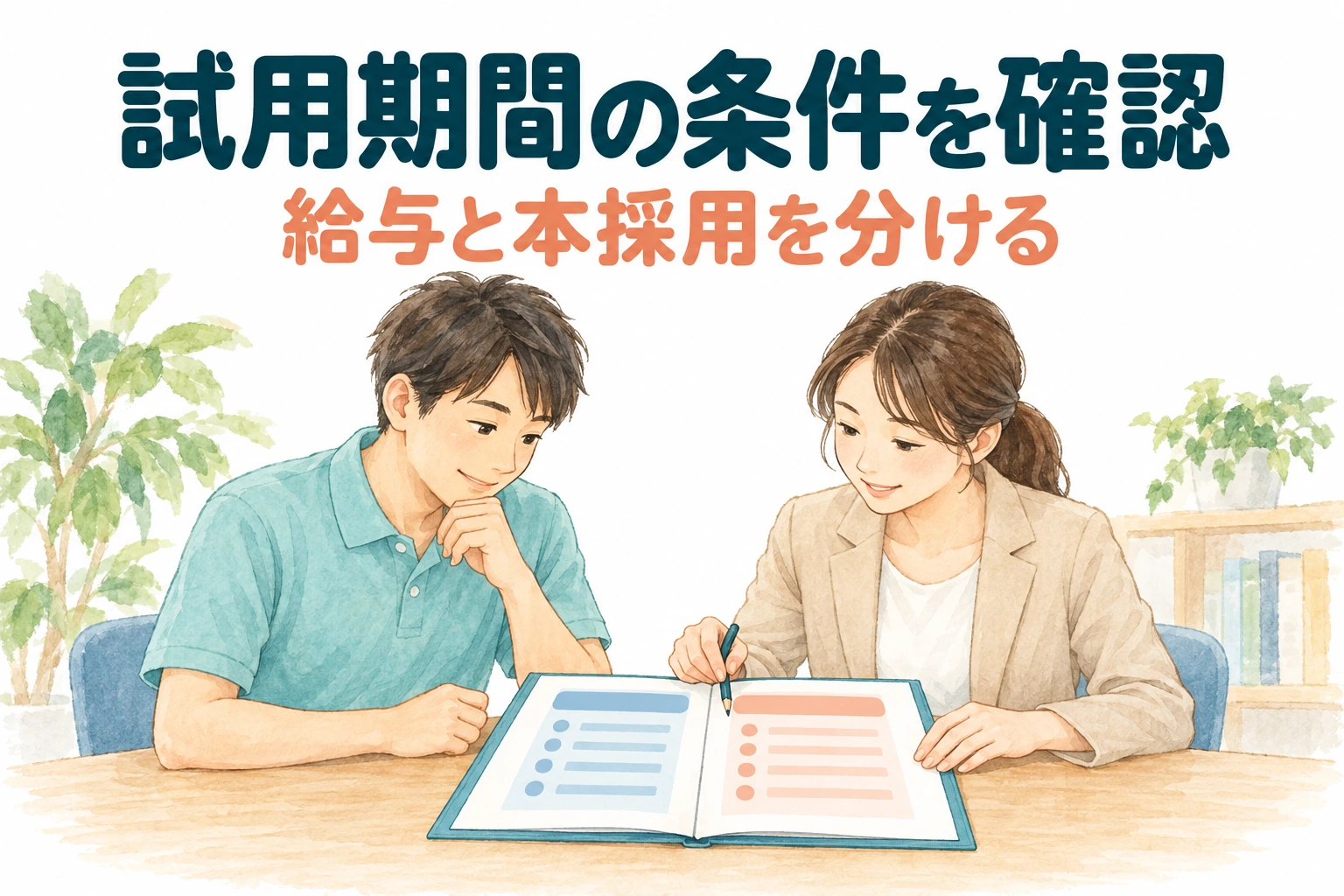 介護転職の試用期間の条件を確認する文字と、試用中と本採用後の二列の条件表を読む新人と担当者のイラスト。