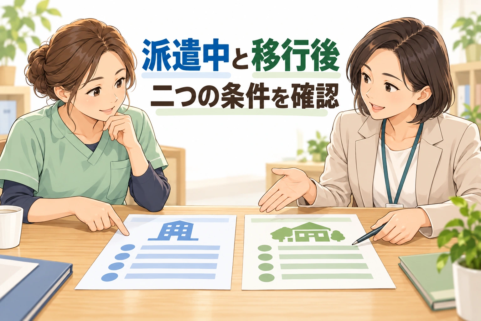 介護の紹介予定派遣への転職で、介護職と派遣元担当が派遣中と直接雇用への移行後の条件表を比べる場面。