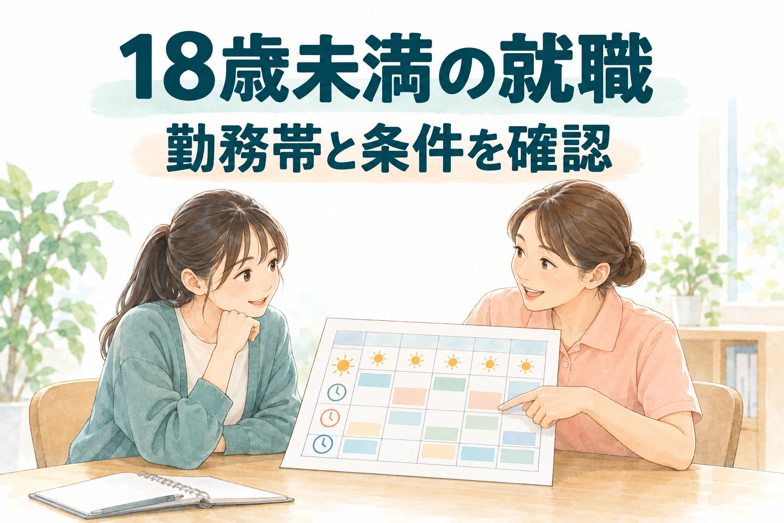 介護で18歳未満の就職に向け、勤務帯と条件を確認する文字と担当者と勤務表を見る若者のイラスト。