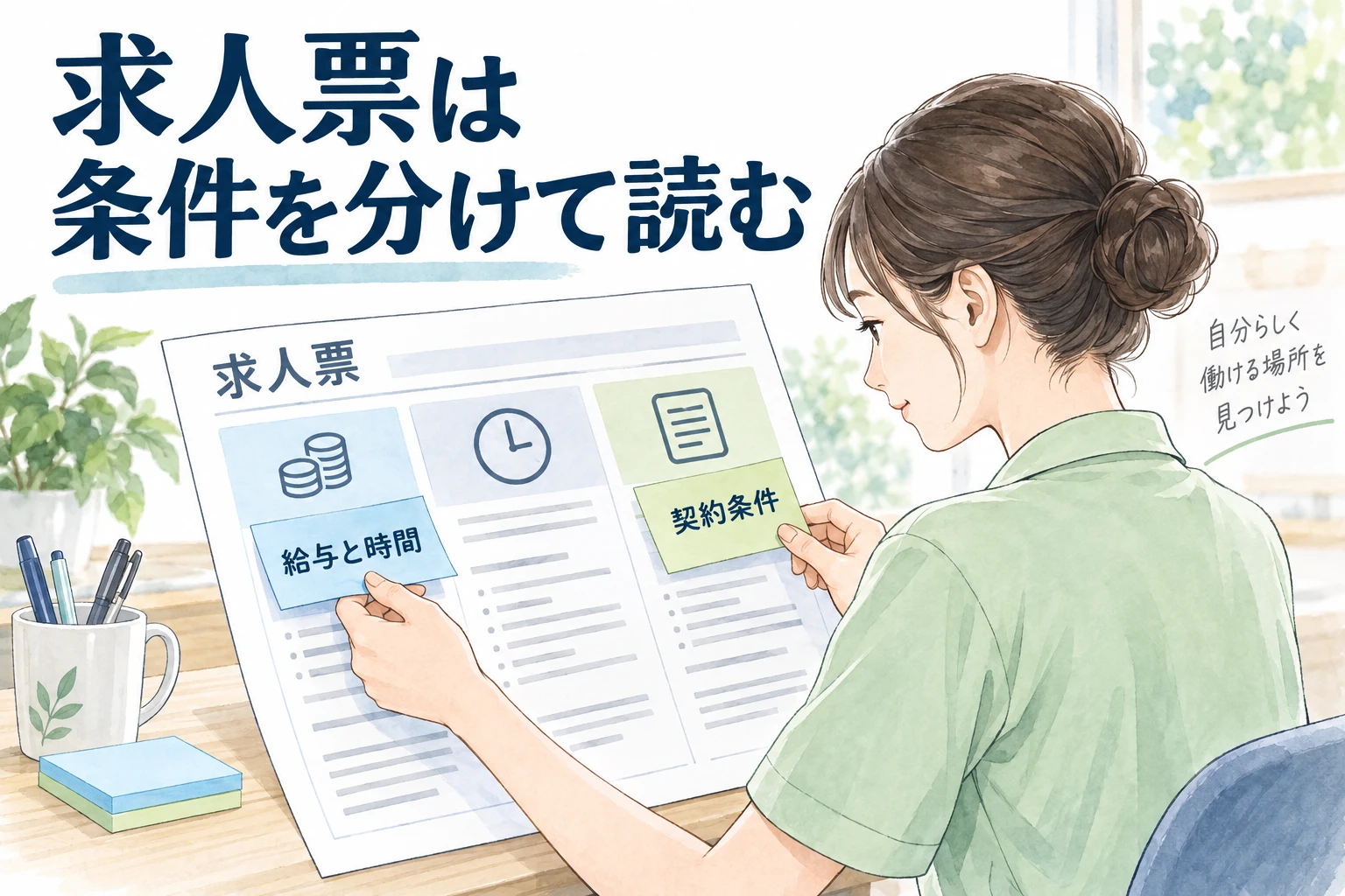 介護 転職 求人票:求人票は条件を分けて読むの文字と仕事内容を描くイラスト