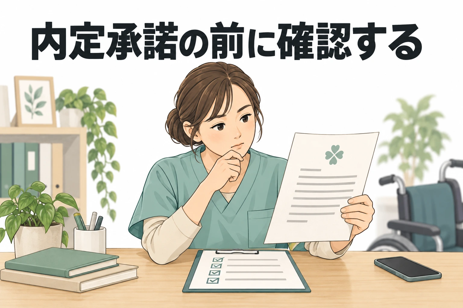 介護 内定 承諾：「内定承諾の前に確認する」の文字と、書類とチェック表を見ながら考える介護職員のイラスト