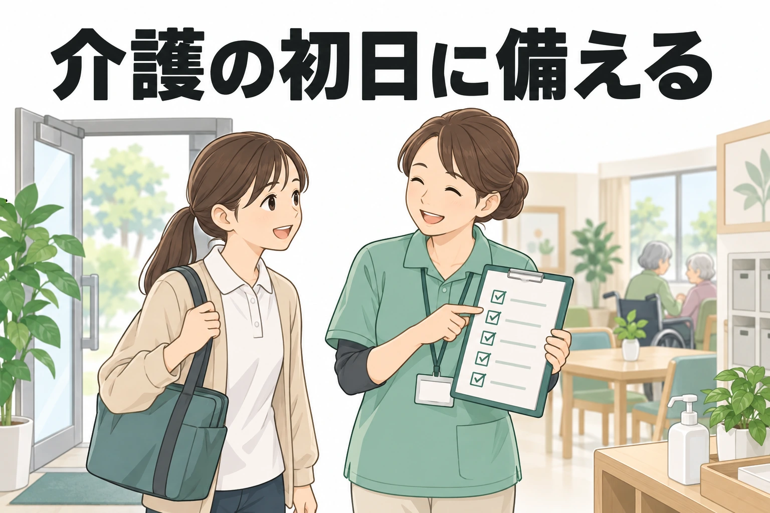 介護 入職 初日：「介護の初日に備える」の文字と、玄関でチェック表を見せる職員と、かばんを持った新人のイラスト