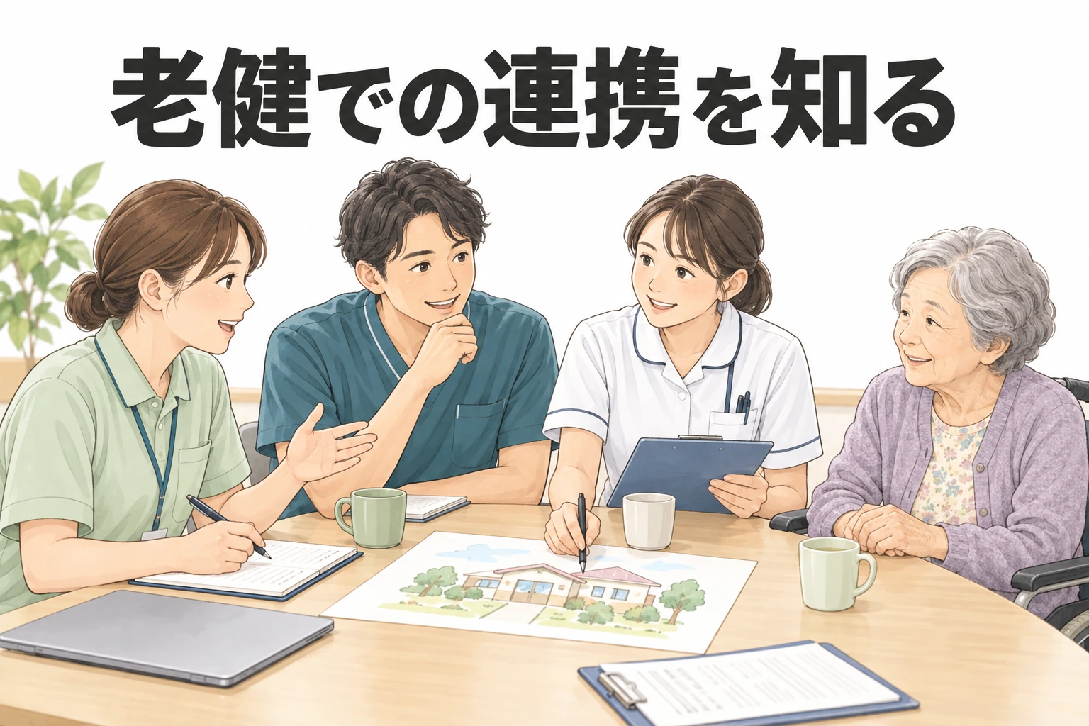 老健 転職：「老健での連携を知る」の文字と、職員3人が利用者と机を囲み、家の絵を見ながら話し合うイラスト