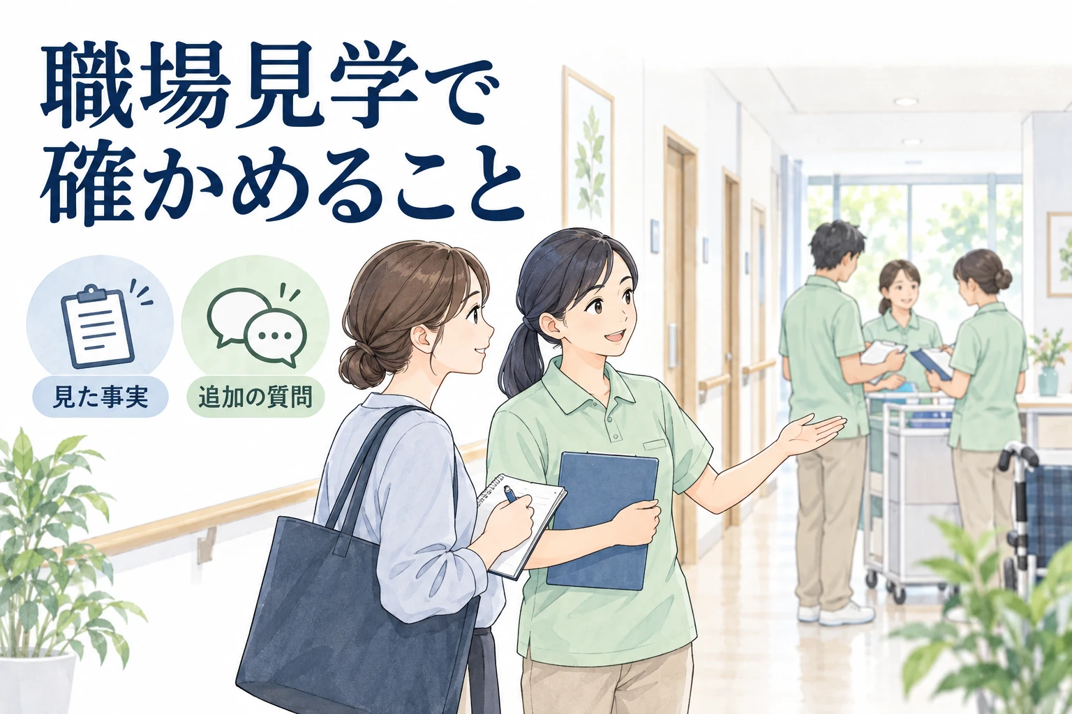 介護 転職 職場見学：職場見学で確かめることの文字と仕事内容を描くイラスト
