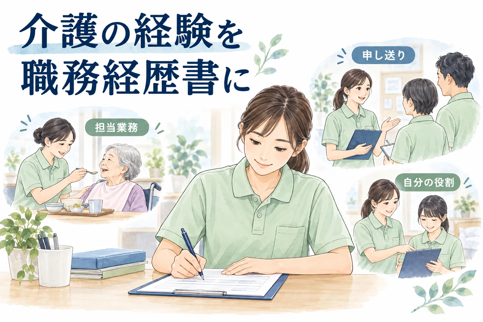 介護 職務経歴書：介護の経験を職務経歴書にの文字と仕事内容を描くイラスト