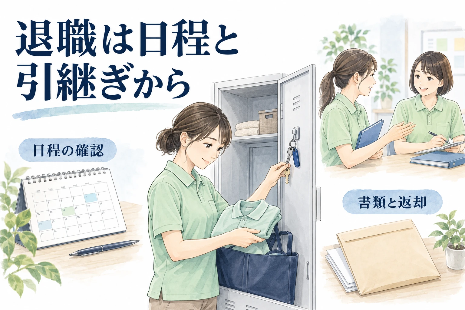 介護職 退職 手続き：退職は日程と引継ぎからの文字と仕事内容を描くイラスト