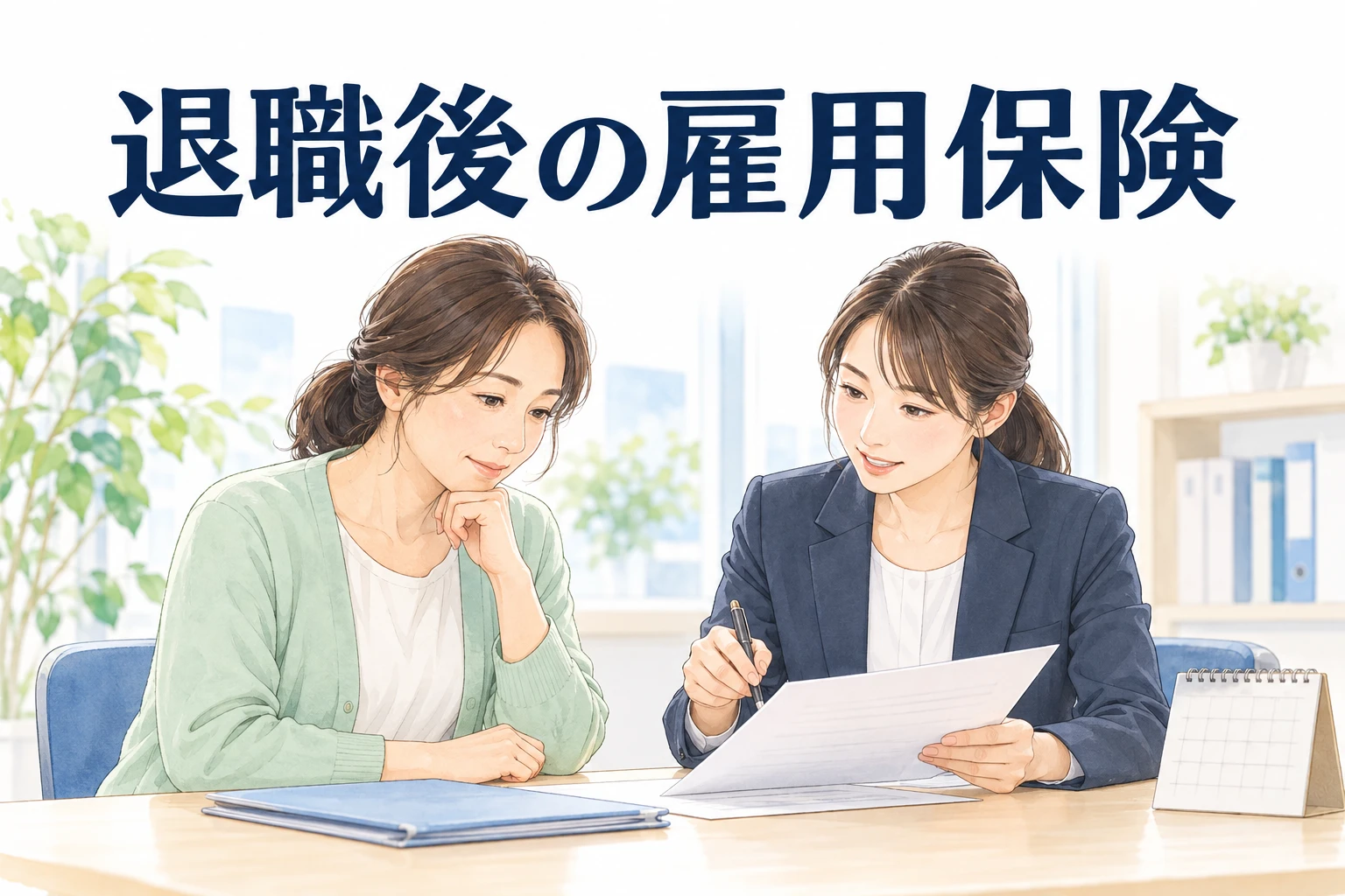 介護職 退職後 雇用保険：退職した介護職が窓口の担当者と書類を確認する人物イラスト。「退職後の雇用保険」の文字を添えている