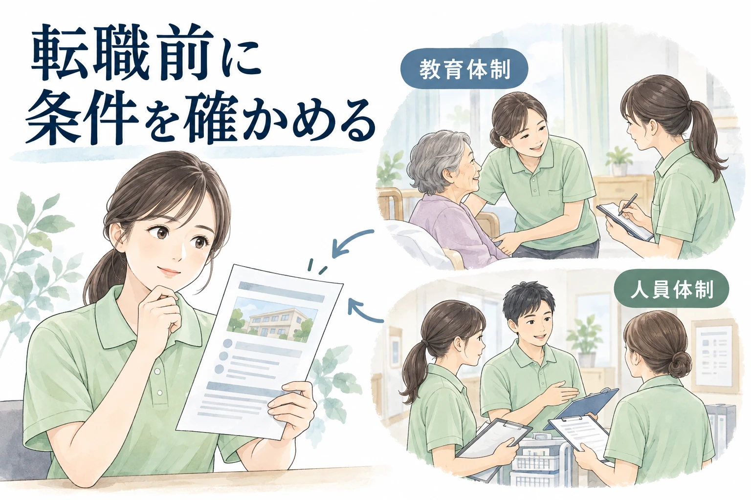 介護 転職 後悔：転職前に条件を確かめるの文字と仕事内容を描くイラスト