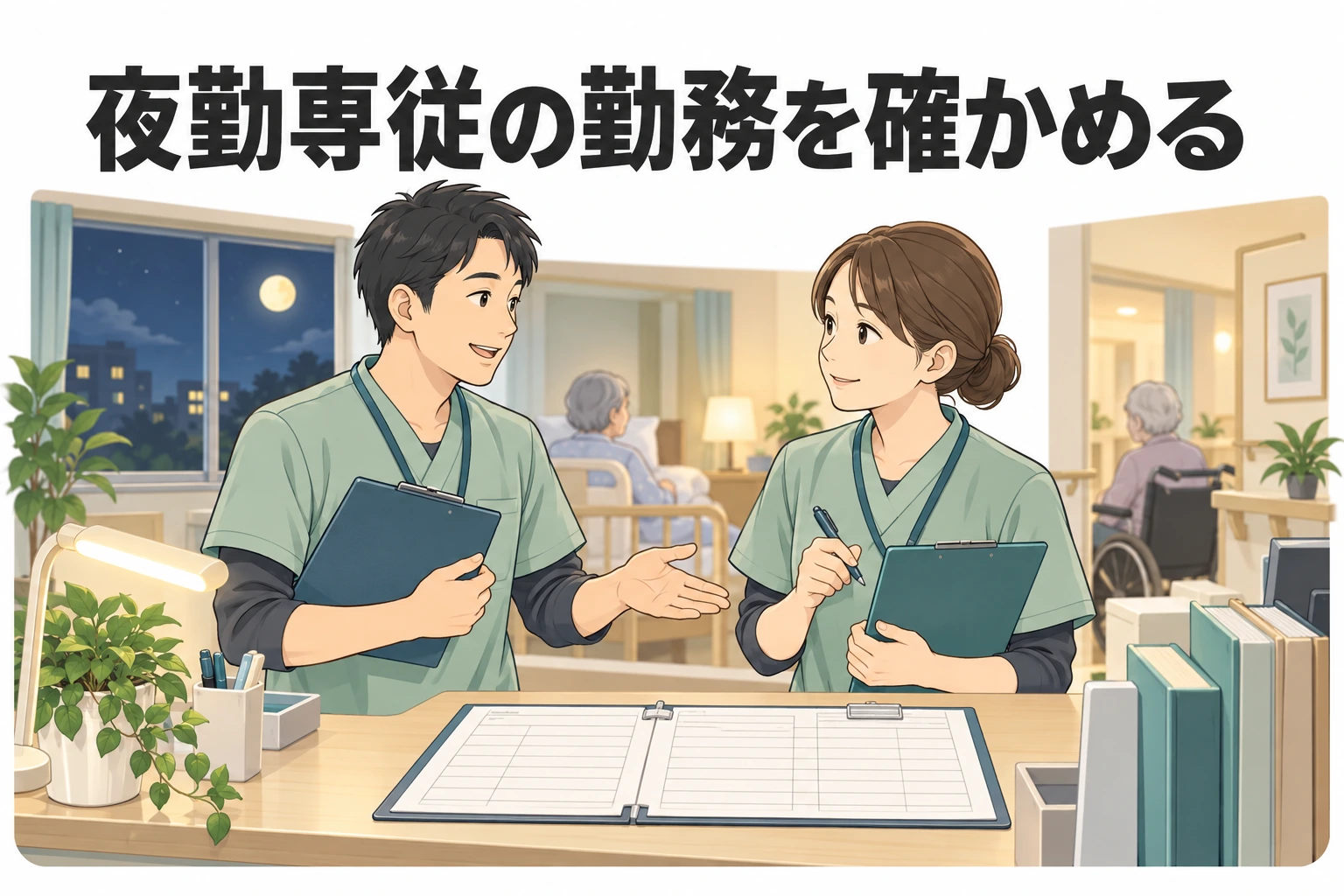 介護 夜勤専従 転職：「夜勤専従の勤務を確かめる」の文字と、夜の施設で勤務表を前に話す介護職員2人のイラスト